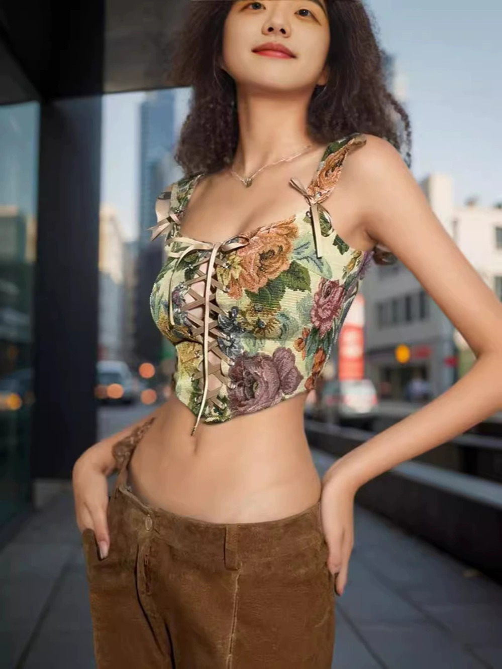 Square Neck Tie Strap Hot Printed Slim Fit Cami Top - Picture 2 of 6